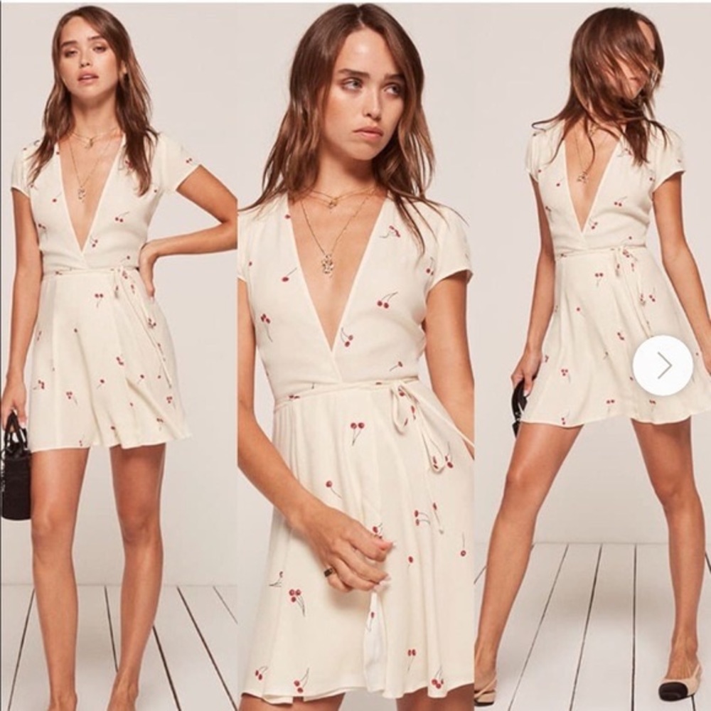 Reformation Cream Cherry Print Mini Dress